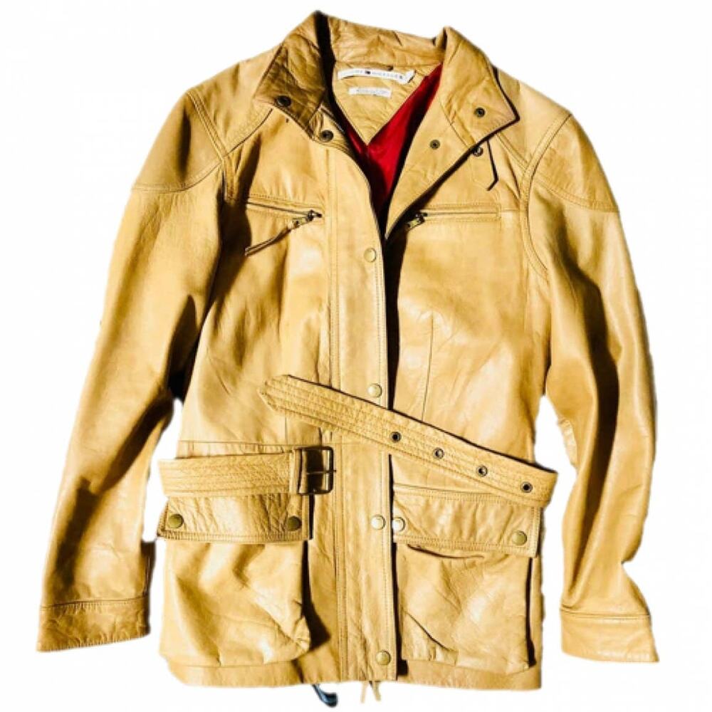 VINTAGE TOMMY HILFIGER Belted Leather Caramel Tan Jacket Blazer Coat XS 90s y2k